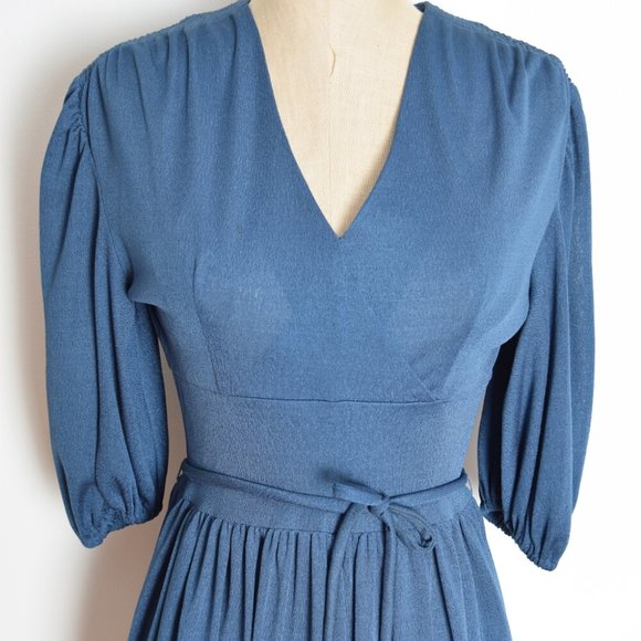 vintage 70s dress navy blue disco surplice deep V midi dress S M - Picture 3 of 7